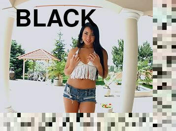 Solo Euro goddess with beautiful black hair fucks her dildos