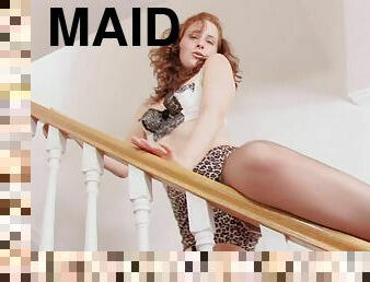 Adorable maid with the curly hair stabs herself with the sex toy