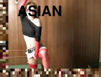 Hot Asian tranny slut rides his cock in the bedroom