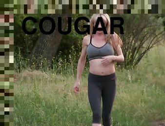 Cougar with great tits topless while hiking on a park trail