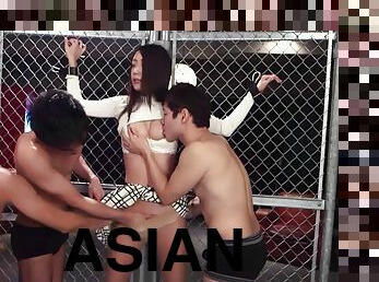 Kinky Asian playing with guys in dungeon scenes