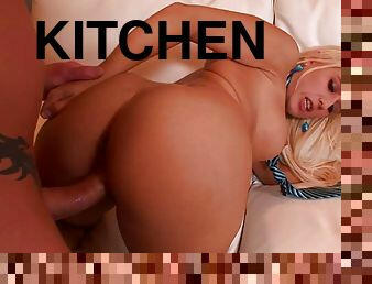 Man grabs magnificent breasts babe in the kitchen