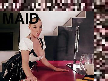 Blonde in a sexy maid outfit getting slammed in the kitchen