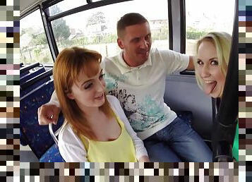 Girls on the bus have a threesome with a big cock guy