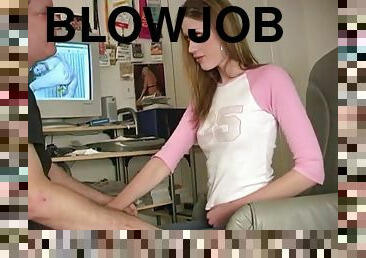 She thanks her computer tutor by giving him a blowjob