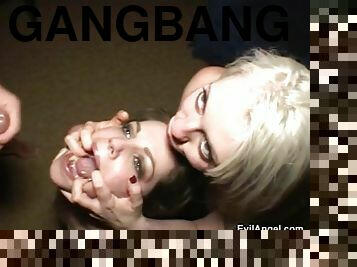 Stocking-clad whore with long blonde hair enjoying a hardcore gangbang