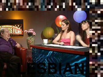 Kinky lesbian ladies interview a dude in their show