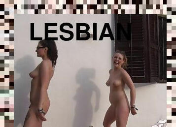 Inked lesbian bitches dancing outdoors completely nude