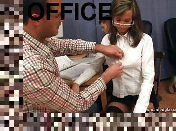 Office babe in stockings gets gangbanged by three colleagues