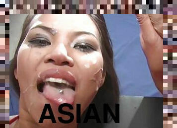 Facial cumshots make a mess of the cute Asian cocksucker