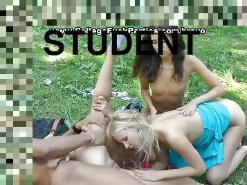 Three sexy student girls fuck black guy