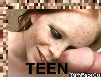 Redhead Teen Sucks Cock Before Stopping Cum Bullets With Her Face