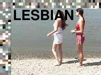 Daring beach bunnies strip and have lesbian fun in public