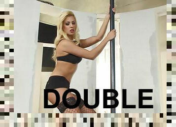 Blond stripper dancing on the pole needs a double penetration