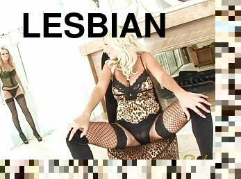 Lesbians Puma Swede and Monica Mayhem strapon fucking twat in fishnet