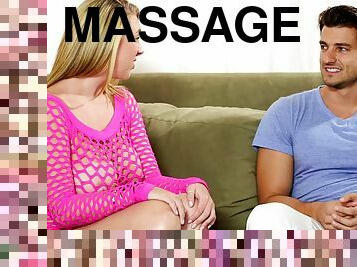 This lucky guy gets massaged by a hottie then cums all over