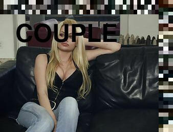 Adorable blonde with long hair in jeans being banged hardcore doggystyle on sofa