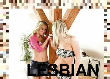 Dashing lesbian blonde teen with a hot ass gets her pussy licked then drilled with a toy