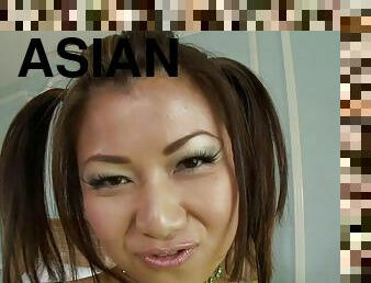 Pigtailed Asian Jackie Lin gets her snatch pounded doggy style
