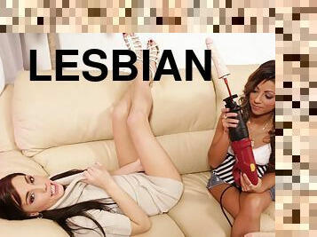 Curvy lesbians with natural tits masturbating with vibrator machines