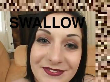 Brunette slut swallows big black cock in interracial POV