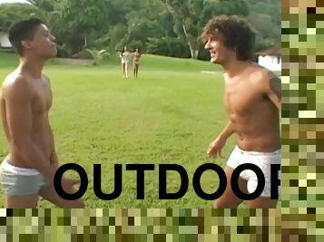 Wild outdoor group sex with two guys, a girl and a shemale