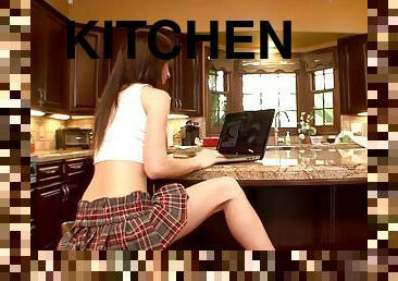 Katie Marie gets her cunt fucked in miniskirt on the kitchen counter