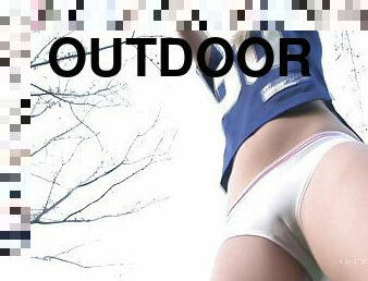 Sporty Alison Angel and her GF flash their tits outdoors