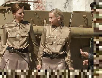 Two sexy military women have a lesbian hook up while in uniform