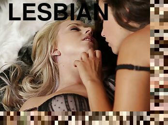 A blonde & a brunette wearing lingerie eat each other's vaginas