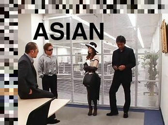 Fashionable Asian girl fucks three guys in the office