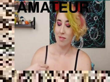 Bug tits solo model sucks a dildo then shoves it up her twat