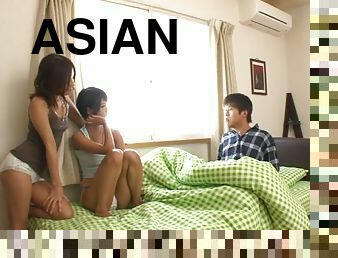 Lucky Asian stud gets ambushed in bed for a blazing ffm threesome