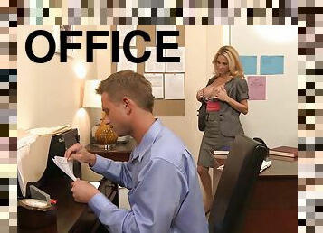 At the office he lifts her up on the desk and fucks her hard