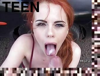 Redhead teen sucks and fucks big cock in the car