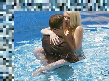 Blonde wife ass fucked by the pool and soaked in fresh jizz