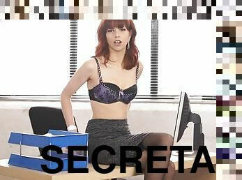 Secretary sensually strips to her lingerie set