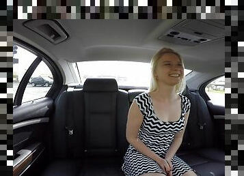 Blonde girl Sophie Sativa agrees to ride a hard cock in the car
