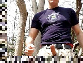 Public masturbating in the woods, jerking-off outside, jerking off on a log, stroking my cock showing AE boxers!