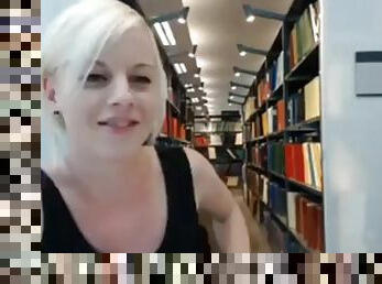 Blonde is playing with her pussy after working in a public library