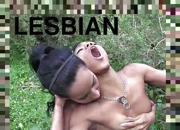 Two hot lesbians get to lick each other's cunts outdoors