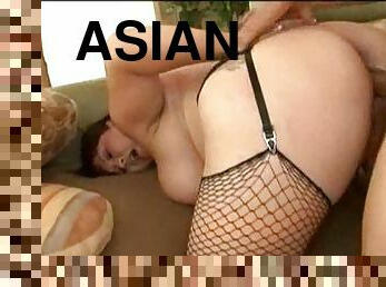 Fat Asian girl in stockings does a fuck