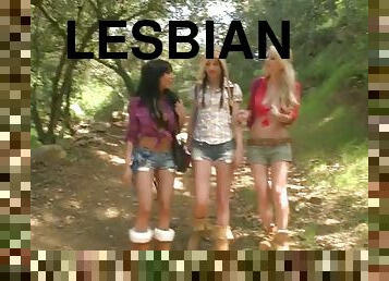 Two Brunettes and a Blonde Having Hot Lesbian Sex Outdoors