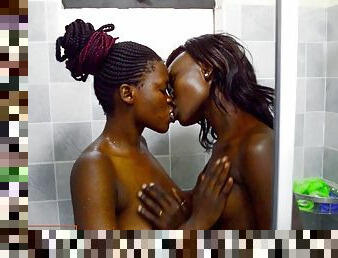 Flirty black lesbians outdoor chat ends up in public bathroom sex toy first anal
