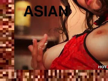Asian female bartender finger fucks her pussy and squirts everywhere