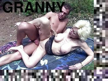 Redneck granny whore in the woods gets fucked from behind