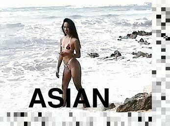 asiatisk, utendørs, strand, alene, bikini, virkelig