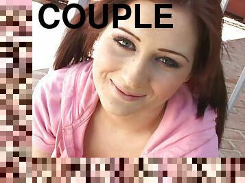 Redhead with cute freckles fucked in her shaved pussy