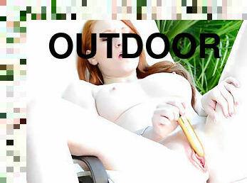 Solo girl Lucy Ohara masturbating outdoor in high heels