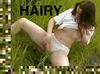 Hairy pussy girl dildo fucking outdoors